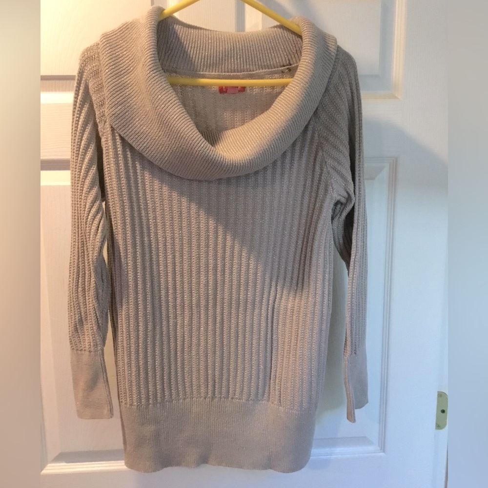 Beautiful champagne colored off the shoulder long sweater - has gold accents